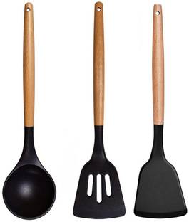 PBKN Silicone Tool Set for Desi Khana | Spatula, Turner, Kadchi | 3 Pc Wood Handle Kitchen Tool Set