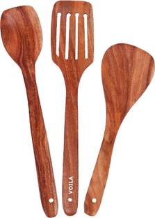 Voila Serving & Cooking Tools (Slotted Turner, Flat Turner, Small Turner) Neem Wooden Spatula