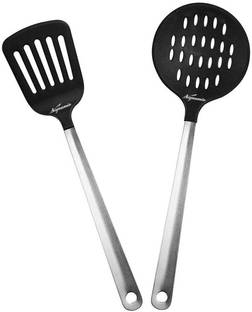 Signamio Pack of 2 Kitchen Utensils Spoon Set for Cooking with Stainless Steel Core Non Stick Nylon Cooking & Serving Set for Home Kitchen Tools-(Turner+Skimmer) Black (2 Pc Combo) Lifting Spatula