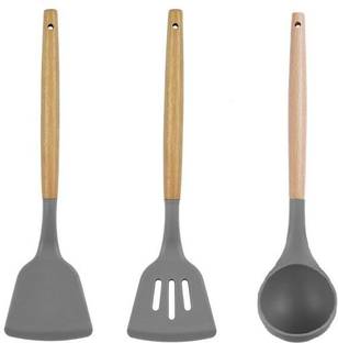 Star Work GREY SILICONE SPATULA SET INCLUDES 3 LARGE FLEXIBLE COMFORTABLE WOODEN HANDLE Non-Stick Spatula