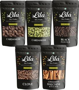lila dry fruits Premium Spices Combo| Utility Combo| Whole Spice Combo| Green Cardamom, Black Pepper, Cloves, Black Cardamom, Cinnamon Sticks Combo Pack| Daily Use Combo Pack| 50gm Each