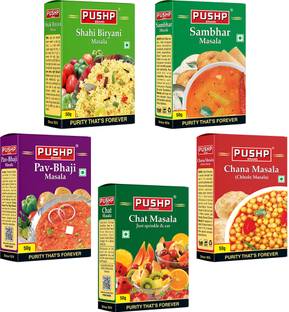 Pushp Brand Blended Masala Combo 50g Each (Chat, Chana, Biryani, Pav Bhaji, Sambhar)