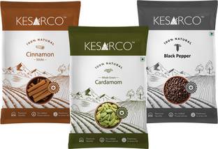 KESARCO Whole Spices Combo - Cardamom 40g, Cinnamon 50gm & Black Pepper 50gm