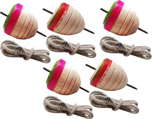 Jiyansh Traders 5 Pcs Wooden Lattu Spinner Toy OR Wooden Round Spinning Top With Thread