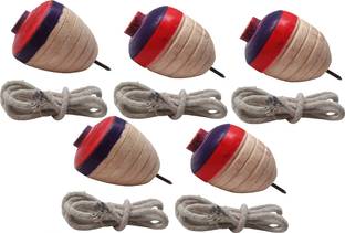 Ds Company 05 Pcs Wooden Lattu Spinner Toy OR Wooden Round Spinning Top With Thread