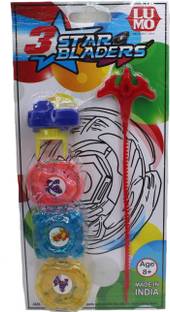 neoinsta shopping 3 star plastic beyblade toy with 3 tops, 1 cord and 1 blue launcher for kids