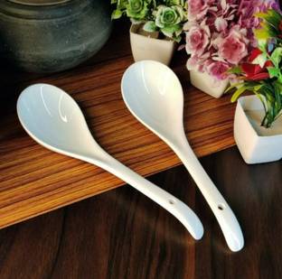 TRILOKNKS Serving Spoon Set Microwave Oven Dishwasher Safe - 9" inch, Pack of 2 (White) Disposable Ceramic Serving Spoon Set