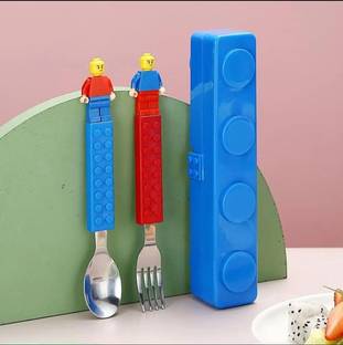 Poohan Lego Building Block Theme Spoon & Fork Set with Storage Box for Kids Stainless Steel Table Spoon