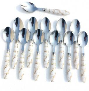 krishnaa enterprises Spoon Set for Dining table Stylish White Ceramic Handle Marble (Pack of 12) Steel, Ceramic Table Spoon Set
