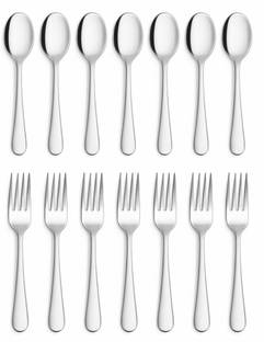 Fably Steel Dessert Spoon 7pc and Fork 7pc Combo Set Cutlery Set (pack of 14) Stainless Steel Dessert Spoon Set