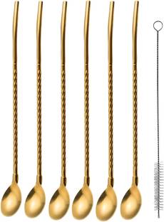 Rupela 6 Pcs Stainless Steel 2-in-1 Straw Cum Spoons Long Straws for Ice Tea, Milkshake Stainless Steel Dessert Spoon Set