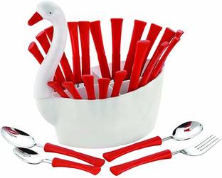 unlock Duck Cutlery Set for Dining Table with Stand-24 Piece Stainless Steel with Plastic Cutlery Set- 6 Table Spoons, 6 Tea Spoons, 6 Forks, 6 Dessert Spoons (Duck Set, Red) Stainless Steel Ice-cream Spoon, Tea Spoon, Table Spoon, Soup Spoon