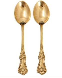 SHLINCO Brass Designer Serving Spoon Brass Engraved Spoon | Petal ka Chamach (Pack of 2) Brass Dessert Spoon Set