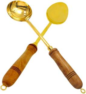 M R HANDICRAFTS Pure Brass Ladle (Golchi) & Serving Spoon (Chammach) with Wooden Handle Brass Serving Spoon Set