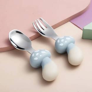 MONKHOOD Self Feeding Spoon and Fork Set For Kids, Stainless Steel, Silicone Table Spoon Set