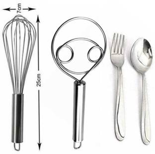 Fably Stainless Steel Combo,s Whisk & Spoon Kitchen Use (pack of 4) Stainless Steel Dessert Spoon Set