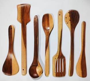 decorlay Natural Cooking Spoon Set of 7 | 2 Frying, 1 Serving, 1 Spatula, 1 Chapati Spoon, 1 Desert, 1 Rice | Rosewood Utensils | Brown Wooden Table Spoon Set