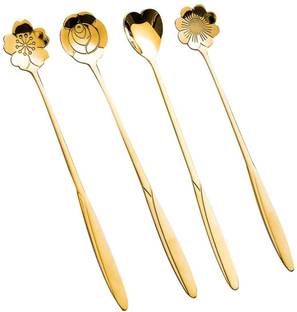 TROVEXX 4 Pcs Flower Shape Spoons Set, Cutlery Kitchen Tableware Coffee & Dessert Spoon Stainless Steel Dessert Spoon, Coffee Spoon Set