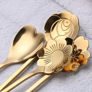 ANUSHRE 4 PCS Gold Flower-Design Stirring Spoon Set Stainless Steel Dessert Spoon Set