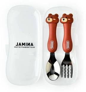 AL ATASH Tableware Cartoon Kids Spoon and Fork Set Dessert Spoon for Children(Bear Brown) Stainless Steel, Plastic Cutlery Set