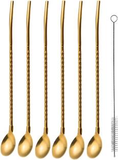 Rupela 6 Pcs Stainless Steel 2-in-1 Straw Cum Spoons Long Straws for Ice Tea, Milkshake Stainless Steel Dessert Spoon Set