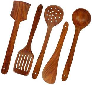 वुडीकार्ट Wooden Salad Spoon and Spatula Set made from Natural Wood वुड कुकिंग स्पून, सर्विंग स्पून सेट