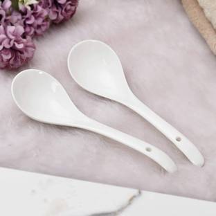 SMILERY Ceramic Soup and Dessert SERVING Spoon, Microwave 9inch (White) Ceramic Soup Spoon Set