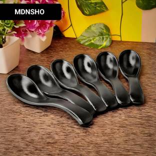 MDNSHO Unbreakable Melamine Black Soup and Dessert Spoon Microwave Safe (14cm) Melamine Soup Spoon Set