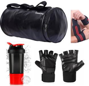 EMMCRAZ BLACK GYM BAG WITH PREMIUM SHAKER BOTTLE ,GLOVES AND WRIST SUPPORT
