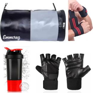 EMMCRAZ BLACK & GREY GYM BAG WITH BOTTLE , GLOVES AND WRIST SUPPORT