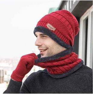 DESI CREED 3 Piece Winter Woolen Neck Warmer Scarf / Cap/ Gloves for Men Women Riding Gloves