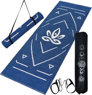 house of handmade Handwoven Cotton Yoga Mat with Guide lines Blue 8 mm Yoga Mat