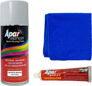 apar Spray Paint Taffetta White+Polish Tube+MF Cloth, Compatible For Honda Cars, White Spray Paint 225 ml