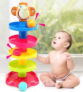 CountryLink Roll Ball Monkey Toy for Kids & Toddlers, 5 Layer Tower & 3 Rattle Balls