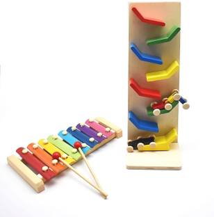 Kishore collection Wooden Slippery Car & Xylophone Combo Toys |Track Car Set