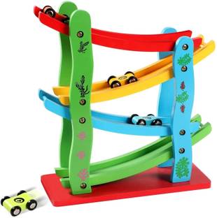 TRU TOYS Wooden Race Track Car Ramp with 4 Wood Toy Cars, Zig Zag Gliding Ramp Racing