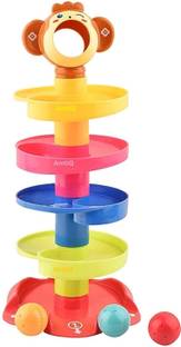 AmtiQ Roll Ball Toy with 4 Layer Ball Drop Tower Run with Roll Swirling Ramps for Baby and Toddler Toy Set