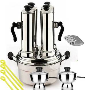 PGD Puttu Maker Set of 4 in 1 Puttu kudam, 4 Tubular, 2 Cup, Steamer Plate, Plastic Stick, Black Plastic Handle, Silver Lid & Bakelite knob - Assembly Required Stainless Steel Steamer