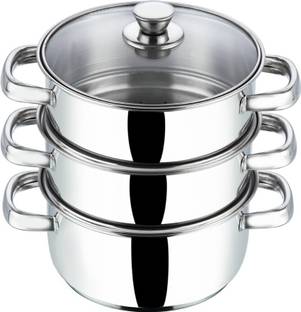 VINOD 3 Tier 18 cm /Momo/Modak Maker with Glass Lid,Induction Base Stainless Steel Steamer