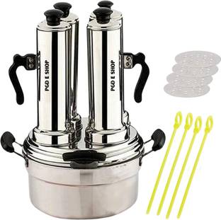 PGD 4 in 1 Puttu Maker Set of Puttu kudam, 4 Tubular Kuzhal, Steamer Plate, Plastic Stick, Black Plastic Handle, Silver Lid & Bakelite knob - Assembly Required Stainless Steel Steamer