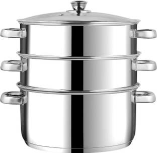 VINOD Vinod Stainless Steel Steamer 3 Tier with Glass Lid 24 cm,Momos, Modak Maker Stainless Steel Steamer