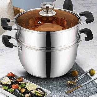 ANV Enterprise Double Boiler Steamer with Glass Lid, Idli Dhokla Momos Maker Stainless Steel Steamer