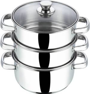 VINOD 3 Tier 18 cm /Momo/Modak Maker with Glass Lid,Induction Base Stainless Steel Steamer