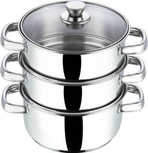 VINOD Stainless Steel 3 Tier 18 cm /Momo/Modak Maker with Glass Lid,Induction Base Stainless Steel Steamer