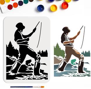 Devasya Crafts Man Fishing Stencil 11.7×8.3inch Summer Fish Stencil with Paint Brush Nature Fisherman Lake Fishing Rod Tree Template for DIY Projects Crafts Furniture Canvas Wall Decor Stencil