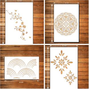 DAMYA DECORE WALL PAINTING FOR (SIZE 16X24 INCH) BUTTERFLY LEAF, MANDALA DESIGN , HALF DOT CIRCLE & CHESTYNUT ART STENCIL DESIGNS SUITABLE FOR ROOMS, HALLS, CRAFT, CEILING, ETC. Stencil