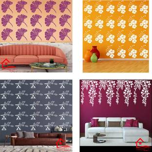 FLEXISHINE DECOR (Size:-16X24 Inch)THEME- Floret,Birds on branch ,Floral ,AND Cherry leaf Pattern Lattice Reusable Design Ideal For Bedroom, Kids Room and Living Room Decoration Stencil