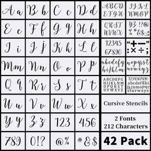 DEQUERA Large Letter Stencils for Painting on Wood-42 Pack Alphabet Letter Number Stenci l Templates with Signs-Reusable Cursive Letters and Numbers Stencils in 2 Fonts and 212 Characters for DIY Crafts Stencil