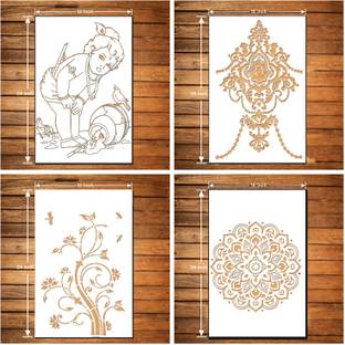 DAMYA DECORE WALL PAINTING FOR (SIZE 16X24 INCH) KRISHNA MATKI , CHANDELIER , TREE DESIGN & MANDALA DESIGN ART STENCIL DESIGNS SUITABLE FOR ROOMS, HALLS, CRAFT, CEILING, ETC. Stencil