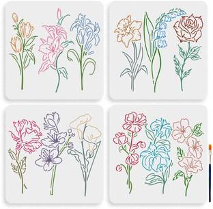 Devasya Crafts 4pcs Wildflower Stencils 11.8×11.8inch Large Rose Lily Tulip Flower Stencils for Painting with Paint Brush Spring Floral Field Plants Drawing Template for Wood Walls Canvas Furniture Crafts Stencil